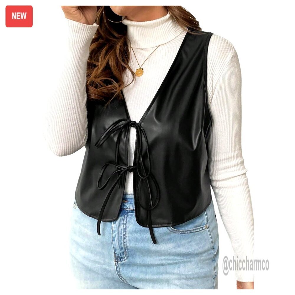 Faux Leather Sleeveless Vest Tie Front Motorcycle Biker Jacket Plus Size